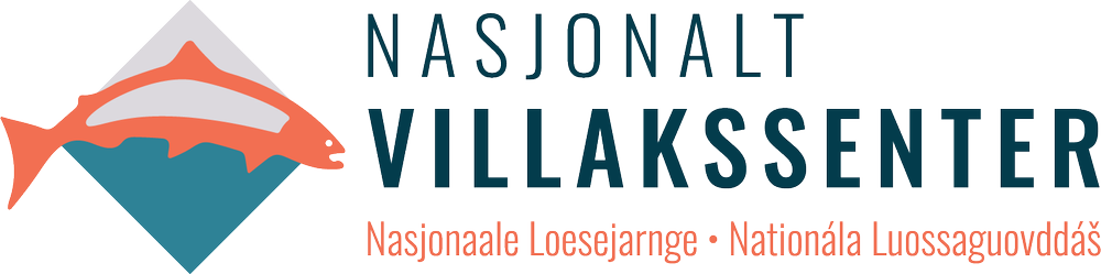 Logo of the Nasjonalt Villakssenter, featuring a stylized fish and mountain design with the text in multiple languages.